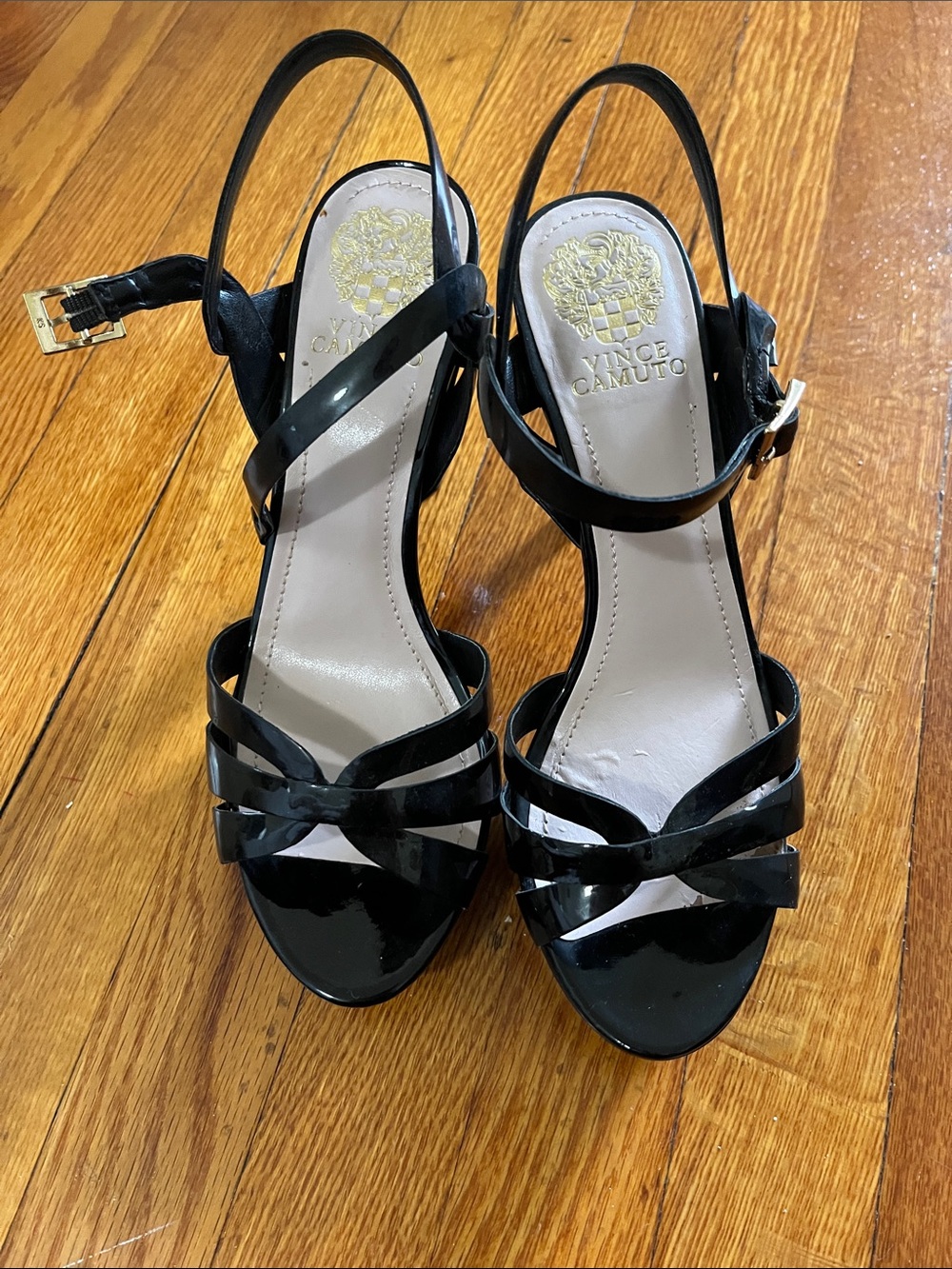 Vince Camuto Black Patent Strappy Slingback Heels